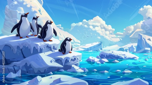 Illustration of cute penguins floating on floes of ice against a backdrop of snow and cold ocean water. South Hemisphere wildlife modern illustration. photo
