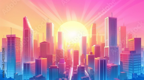 Cityscape background with early morning urban landscape background with apartment and office skyscrapers  pink sky and bright sun. Modern illustration of an early morning urban landscape with