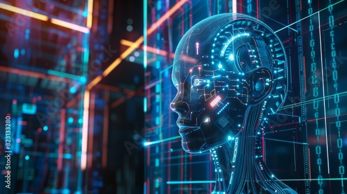 The image shows a robot head hanging over the podium and observing a virtual dashboard. The image also shows a cyborg head in the future. Machine learning and neural networks are shown in the image.