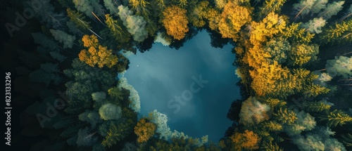 Heart-Shaped Lake Amidst Autumn-Tinted Trees