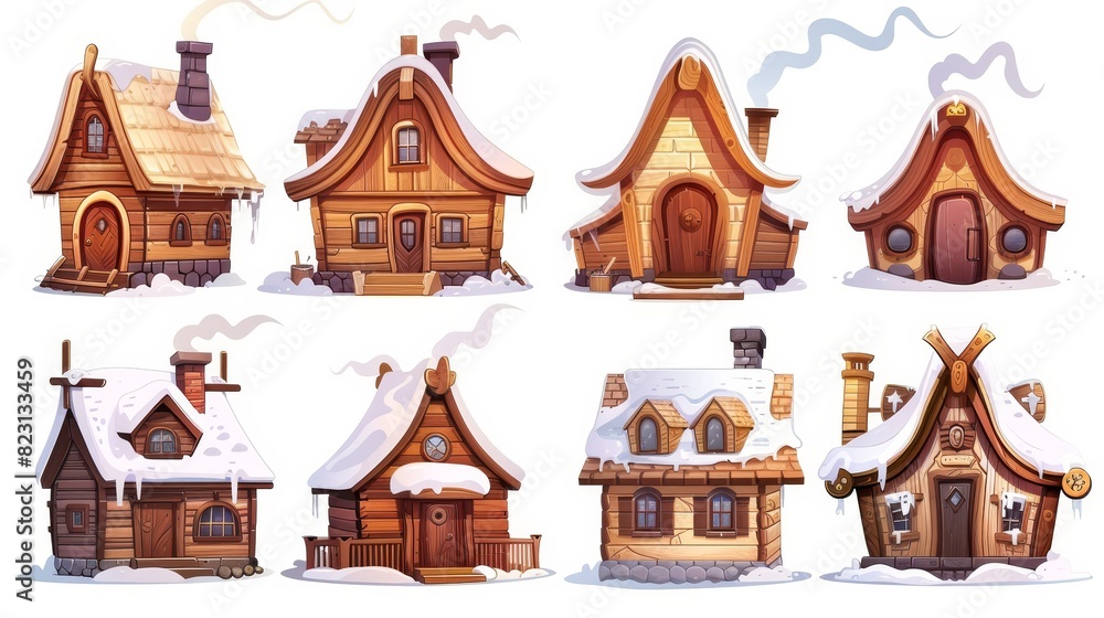 Modern cartoon illustration of chalet houses with mansard roofs, porches, windows, chimneys and smoke, isolated on white background. Modern cartoon illustration of chalet houses with mansard roofs, porches, windows, chimneys and smoke, isolated on white background.