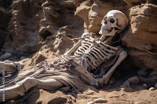 a skeleton lying in the sand photo