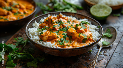 Chicken Tikka Masala. Traditional Indian curry with rice meal.