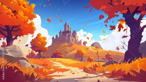 Autumn cartoon fairytale landscape with castle in meadow near rocky hills. Autumn cartoon modern illustration of medieval palace surrounded by orange trees with falling leaves.