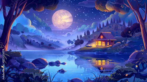 Landscape with wooden hut by lake or river in forest under moonlight beam. Residence or hotel near pond in woodland with light in windows.