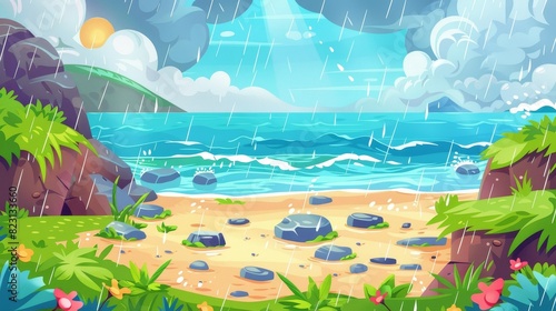 Modern cartoon illustration of wet and gloomy summer beach with stones, green grass, and flowers on hills, rain pouring down from cloudy sky and gloomy skies.