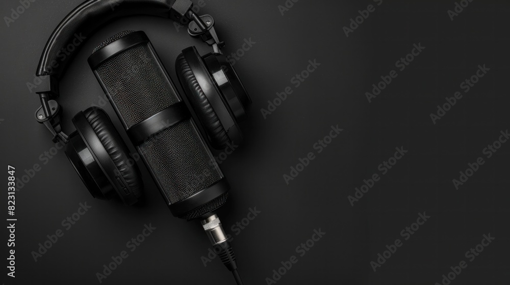 A Black studio microphone with studio headphones on black background. Podcast audio A Black studio microphone with studio headphones on black background. Podcast audio