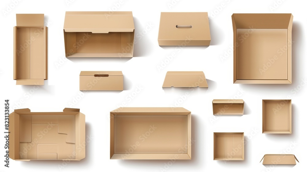 A set of cardboard mockups isolated on a white background. A modern realistic illustration of an empty 3d carton package for mailing, parcel delivery, gift packaging, with blank surfaces. A set of cardboard mockups isolated on a white background. A modern realistic illustration of an empty 3d carton package for mailing, parcel delivery, gift packaging, with blank surfaces.