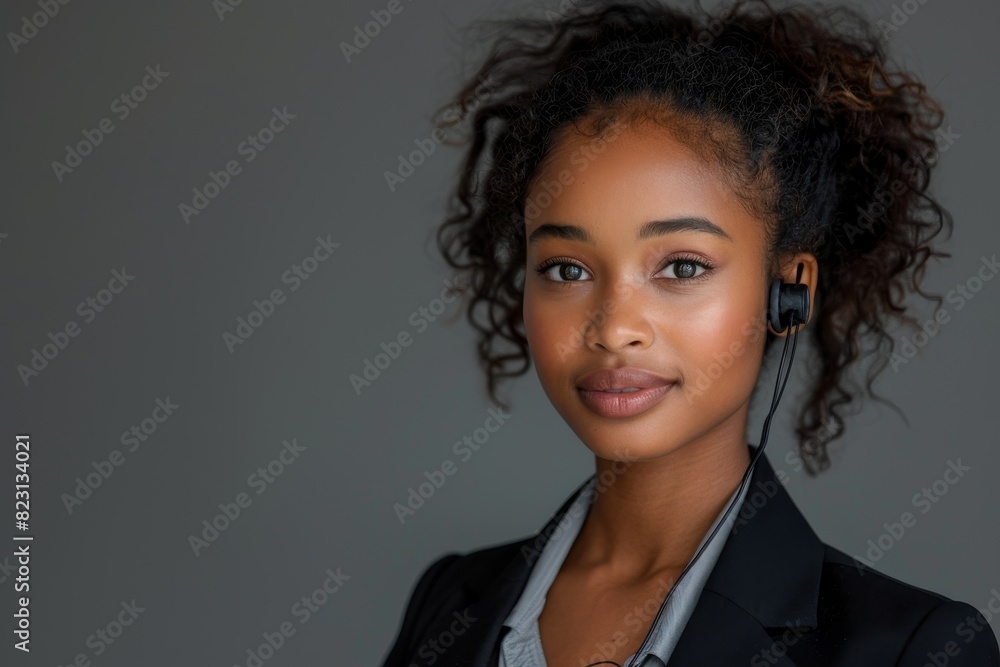 Young Black woman in professional attire speaks on a headset against a grey backdrop with copy space on right Young Black woman in professional attire speaks on a headset against a grey backdrop with copy space on right