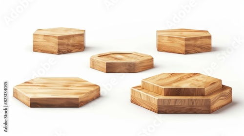 3D illustration of wooden stages isolated on white background. Perfect for fashion product presentations  awards design  showcase stands  or furniture materials.