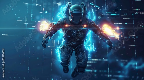 An illustration of the superhero cyborg in the sci-fi flying iron suit. The cyborg is wearing a robotic exoskeleton with a rocket engine attached to his chest. The man sits in a flying suit of photo