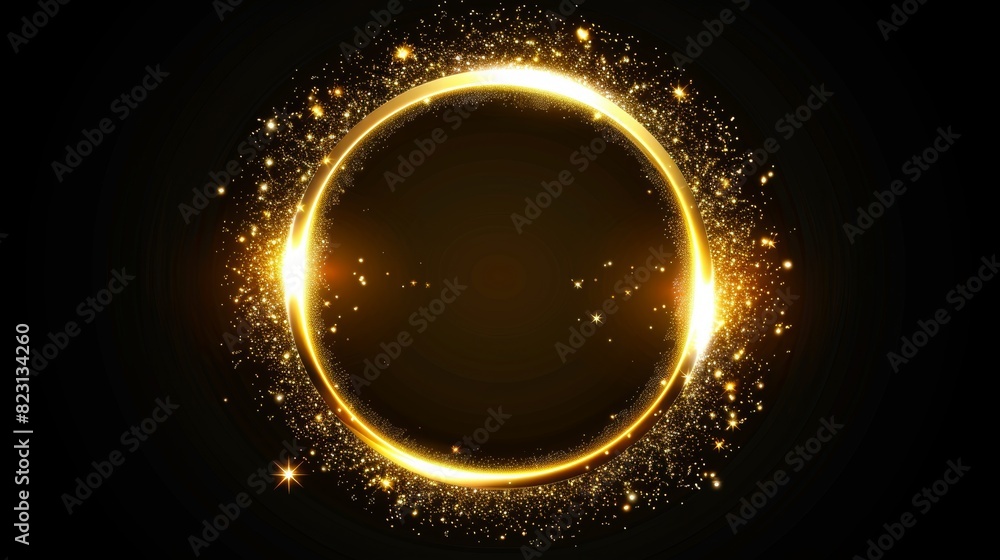 An elegant golden glowing circle frame with glitter sparkle on a black background. Realistic modern illustration of a neon light element with gold sparks and reflections. An elegant golden glowing circle frame with glitter sparkle on a black background. Realistic modern illustration of a neon light element with gold sparks and reflections.