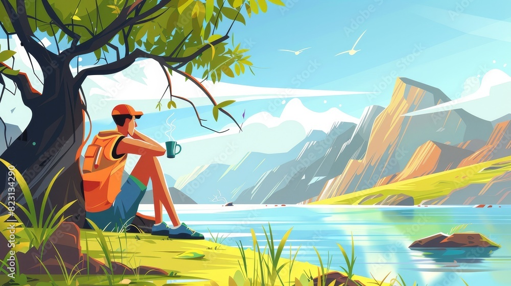 Modern cartoon illustration of a male tourist relaxing near a mountain lake while enjoying a cup of tea under a tree, admiring the water of the river, enjoying hiking activities, enjoying summer
