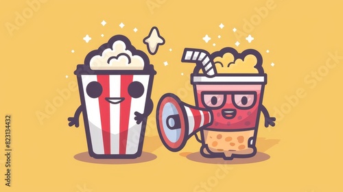 The film character is smiling and holding a popcorn. Hollywood mascot and a funny video tape in glasses. Isolated happy megaphone  popcorn  and soda design.