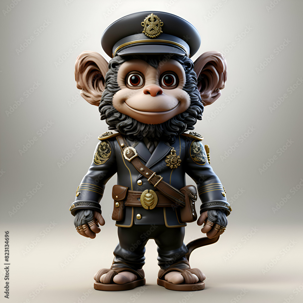 3D Illustration of a Little Monkey Captain with a Police Stick 3D Illustration of a Little Monkey Captain with a Police Stick