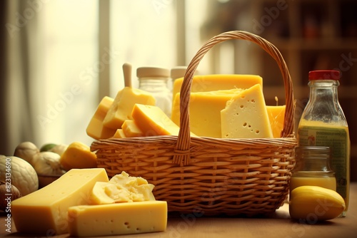 a basket of cheese and other food photo