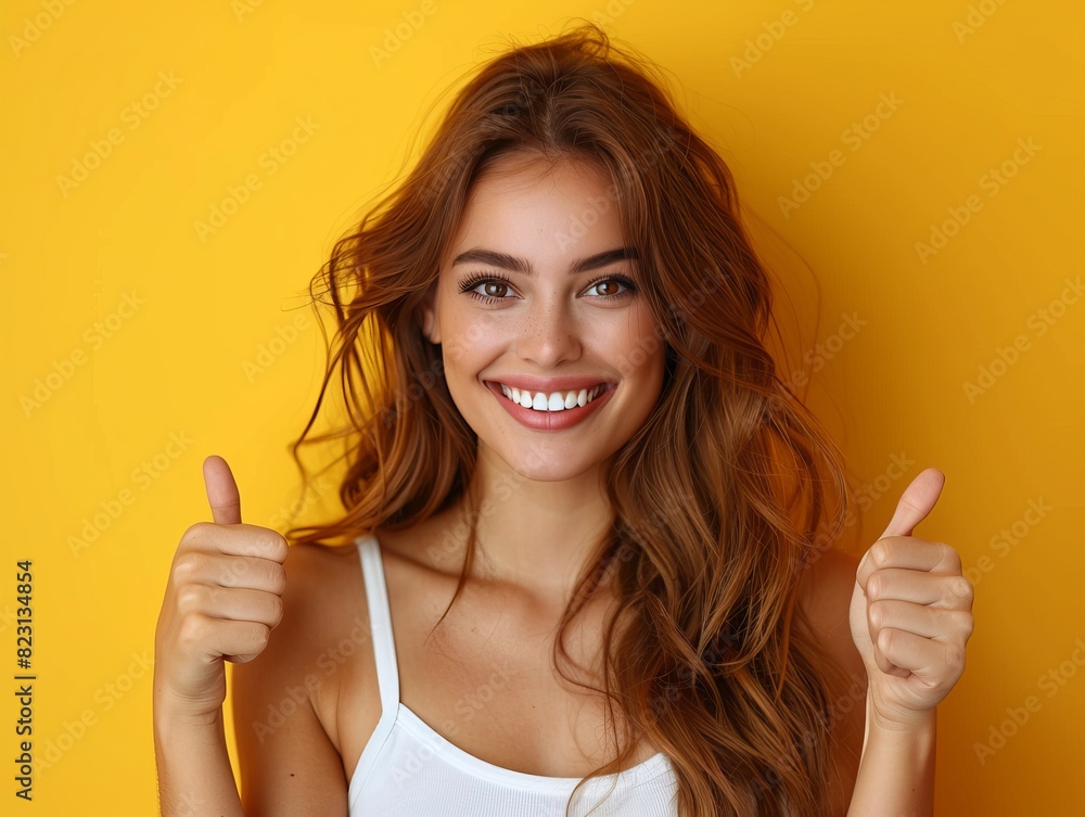 A young woman in casual attire smiles, giving a thumbs up against a bright yellow backdrop with space for text