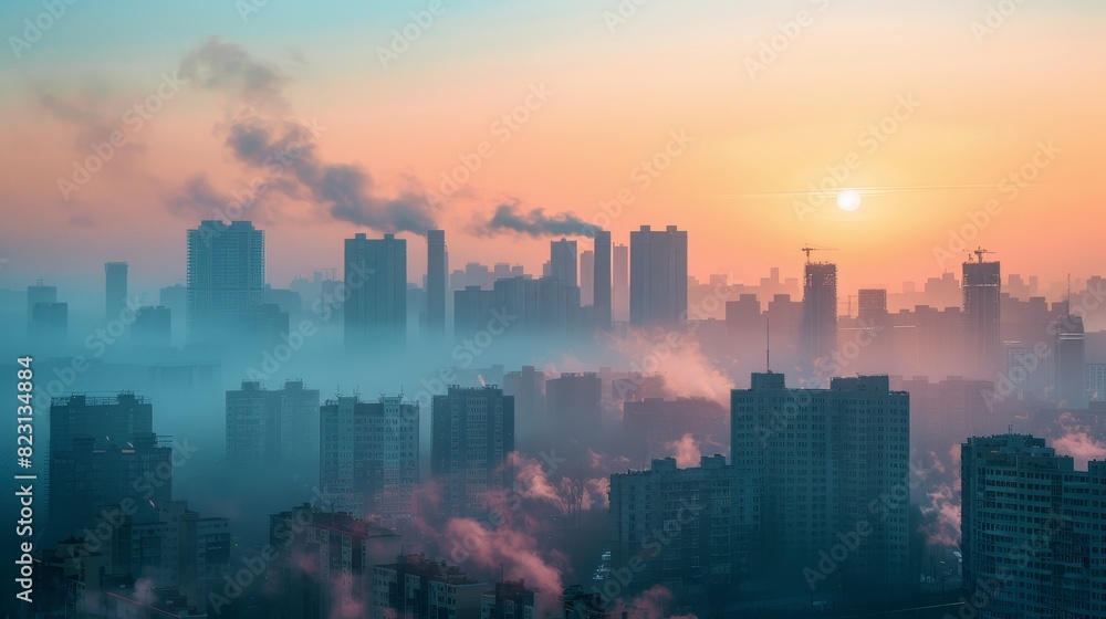 Image of a city skyline blanketed in smog, with poor air quality and obscured buildings Image of a city skyline blanketed in smog, with poor air quality and obscured buildings