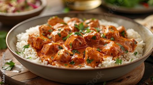 Chicken Tikka Masala. Traditional Indian curry with rice meal.