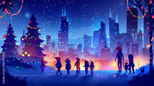 Various people at the mall on Christmas eve. Modern illustration of children in Santa hats, silhouettes of adults near modern trade center, nighttime cityscape with garlands on trees, starry sky.