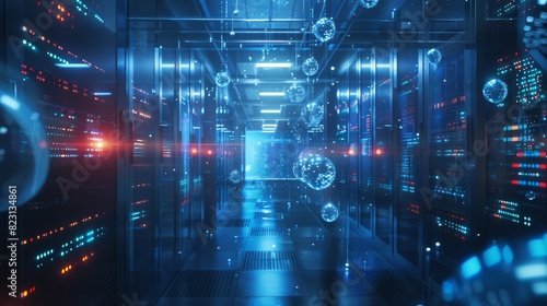 Data center or cloud storage concept. Abstract design inside a server room in a data center. Futuristic room with digital electronics. Data Spheres hanging in digital cyberspace.