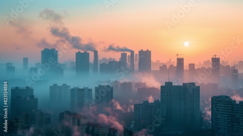 Image of a city skyline blanketed in smog, with poor air quality and obscured buildings