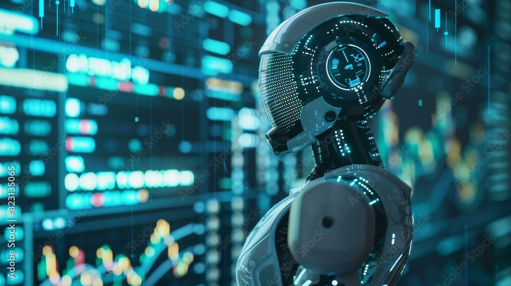 A robot trader analyzes financial charts with artificial intelligence. An image robot or cyborg woman uses a neural network to develop a trading strategy on the stock exchange. A robot trader analyzes financial charts with artificial intelligence. An image robot or cyborg woman uses a neural network to develop a trading strategy on the stock exchange.