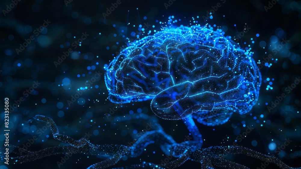 3D render of a digital brain formed by glowing blue connections, isolated on a dark tech-themed background, symbolizing neural networks 3D render of a digital brain formed by glowing blue connections, isolated on a dark tech-themed background, symbolizing neural networks