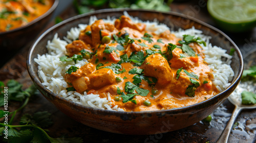 Chicken Tikka Masala. Traditional Indian curry with rice meal.