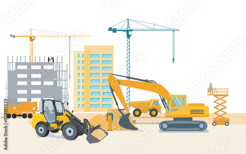 Bauarbeiter auf der Baustelle mit Baumaschinen,  illustration
