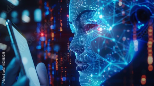 In image wise face on screen hanging phone with artificial intelligence. Accelerating artificial neural networks technology. Mobile phone chatbots. Robot head analytics. photo