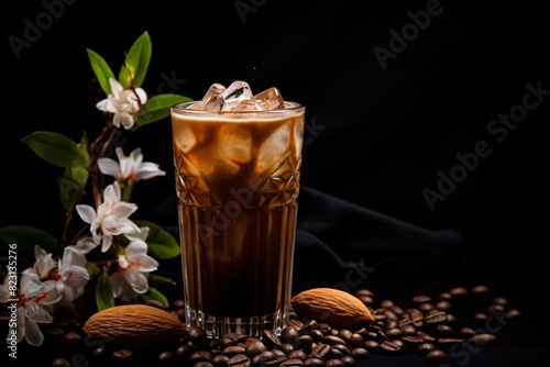 a glass of iced coffee with ice and almonds