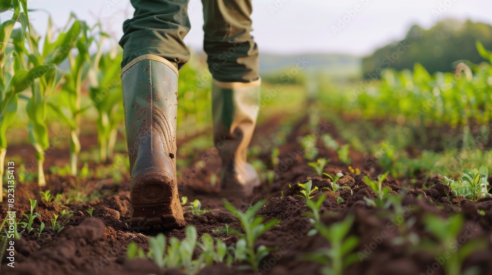 A Farmer in boots walks through agricultural field. A Farmer in boots walks through agricultural field.