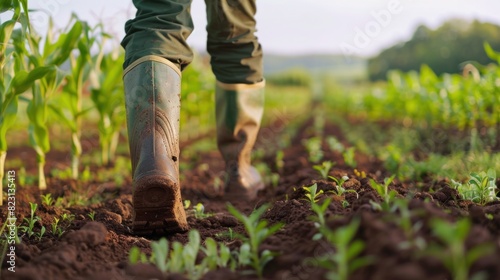 A Farmer in boots walks through agricultural field.