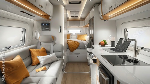 A large white RV with a kitchen, living room, and bathroom