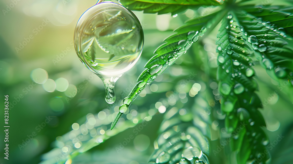 Close-up of a cannabis leaf with fresh dew drops, reflecting sunlight and creating a serene, natural scene. Close-up of a cannabis leaf with fresh dew drops, reflecting sunlight and creating a serene, natural scene.