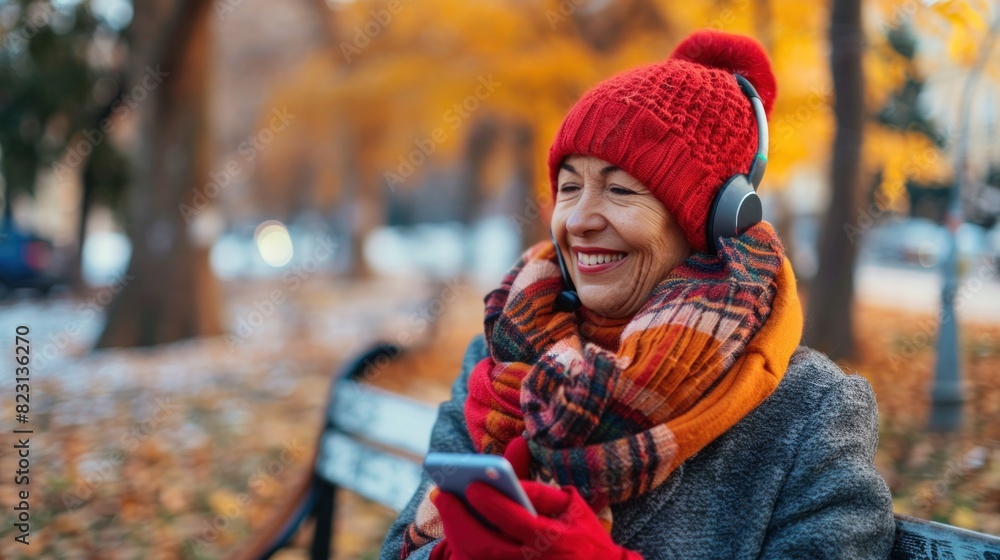 happy stylish middle aged woman in red hat with scarf, smartphone and gloves listening to the music happy stylish middle aged woman in red hat with scarf, smartphone and gloves listening to the music