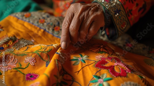 Artisan Hand-Crafting Intricate Embroidery on Fabric photo