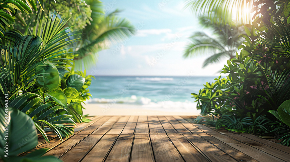 Wooden platform with tropical beach landscape, great for marketing and presentation purposes Wooden platform with tropical beach landscape, great for marketing and presentation purposes