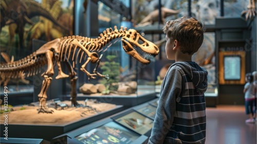 A young student visiting a museum, standing in awe before a dinosaur skeleton exhibit