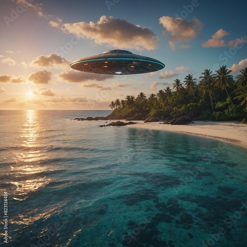 A serene island beach with a UFO flying over the ocean at sunset.  