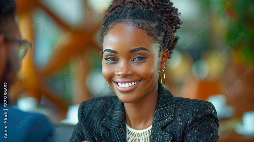 Confident black businesswoman smiling at client meeting Confident black businesswoman smiling at client meeting