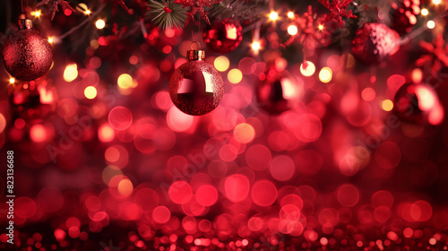 Viele Weihnachtskugeln dekoriert in rot als Grußkarte und Druckvorlage mit Platzhalter photo