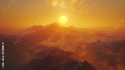 A cinematic shot of the sunrise over mountains