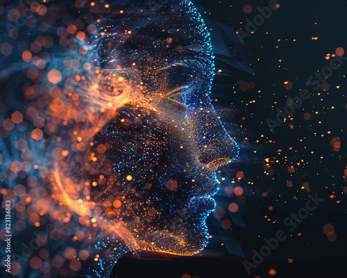 Futuristic human face made of pixels, dissolving into orange and blue particles, on a dark background, symbolizing technological integration