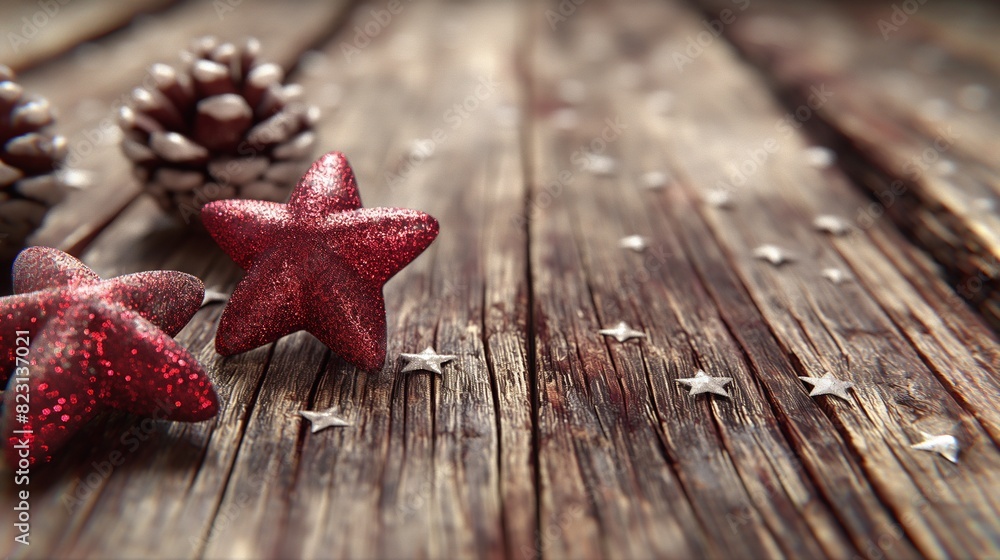 Viele Weihnachtssterne dekoriert in rot auf Holztisch als Grußkarte und Druckvorlage mit Platzhalter Viele Weihnachtssterne dekoriert in rot auf Holztisch als Grußkarte und Druckvorlage mit Platzhalter