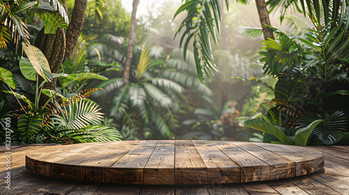 Wooden podium with tropical leaves and beach scene in the background  perfect for summer product presentation