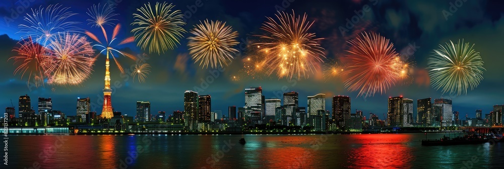 Obraz premium Festive Fireworks Display Above Urban Skyline at Night