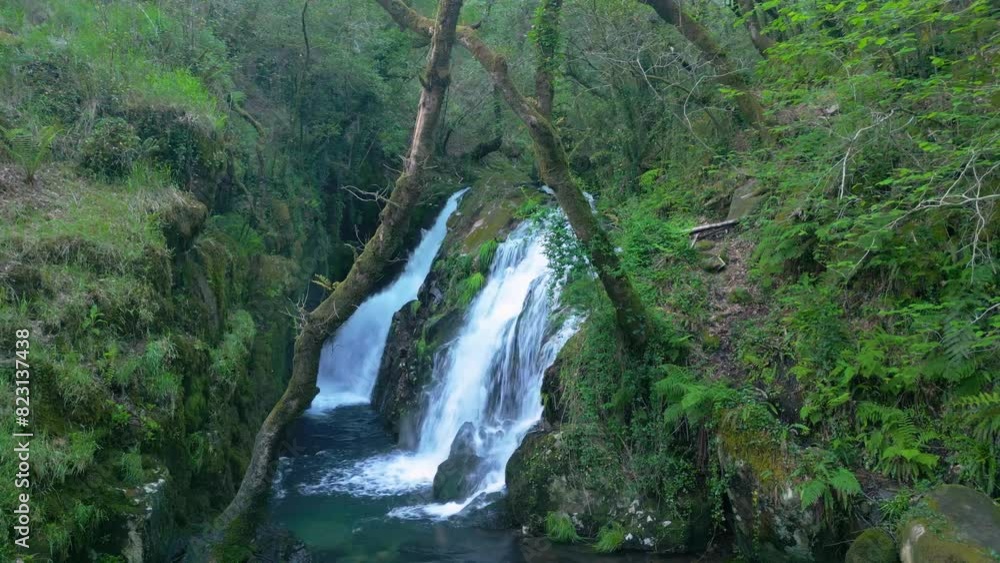 Scenic view of a hidden waterfall cascading down in a lush green forest in Mazaricos, Galicia, Spain Scenic view of a hidden waterfall cascading down in a lush green forest in Mazaricos, Galicia, Spain
