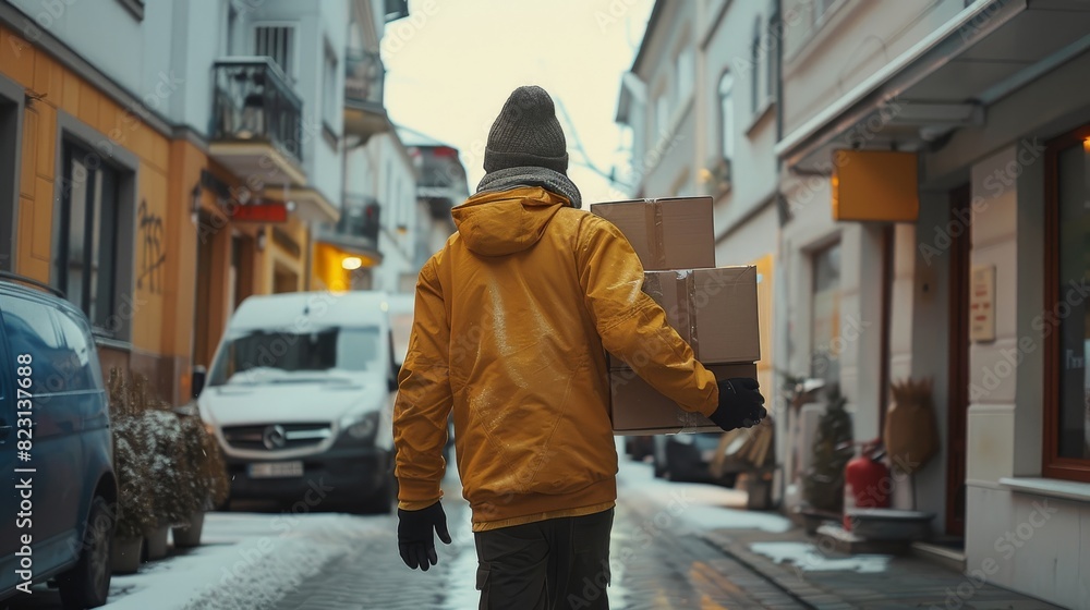 A behind view of a delivery driver delivering a parcel to a customer. Generative AI. A behind view of a delivery driver delivering a parcel to a customer. Generative AI.